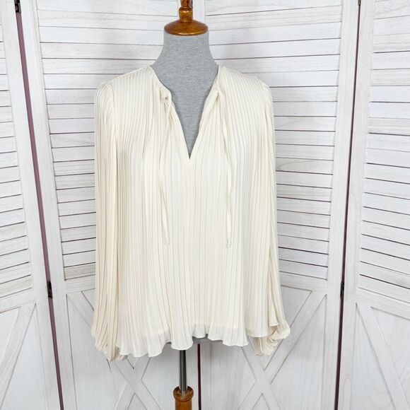 H&M Pleated Billow Sleeve Chiffon Tie Neck Swing Blouse Cream Medium - Picture 2 of 14